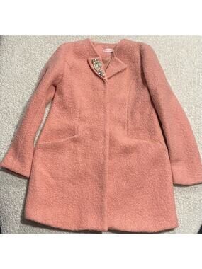 VTG Stone Flower Pea Coat Womens Small Pearl Floral Brooch Peach Retro Textured